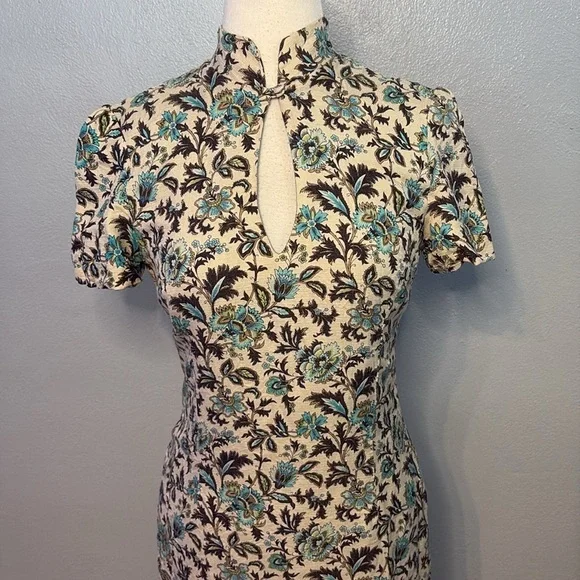 Helen Cherry Silk Dress Blue Brown Floral Side Slit Size 12 - Picture 2 of 13
